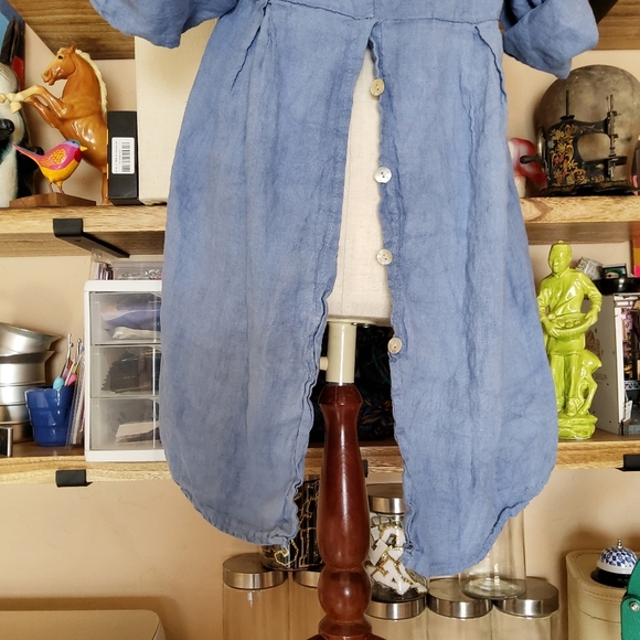 RAW MODA Italian Design Pure Linen Spring Blue Babydoll Loose Top M/L Bohemian - Picture 4 of 5